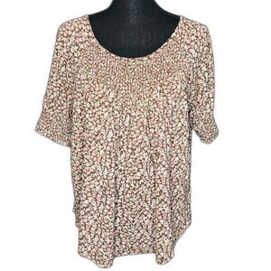 Lucky Brand Brown Pink Green Floral Short Sleeve Tunic Peasant Blouse (L)